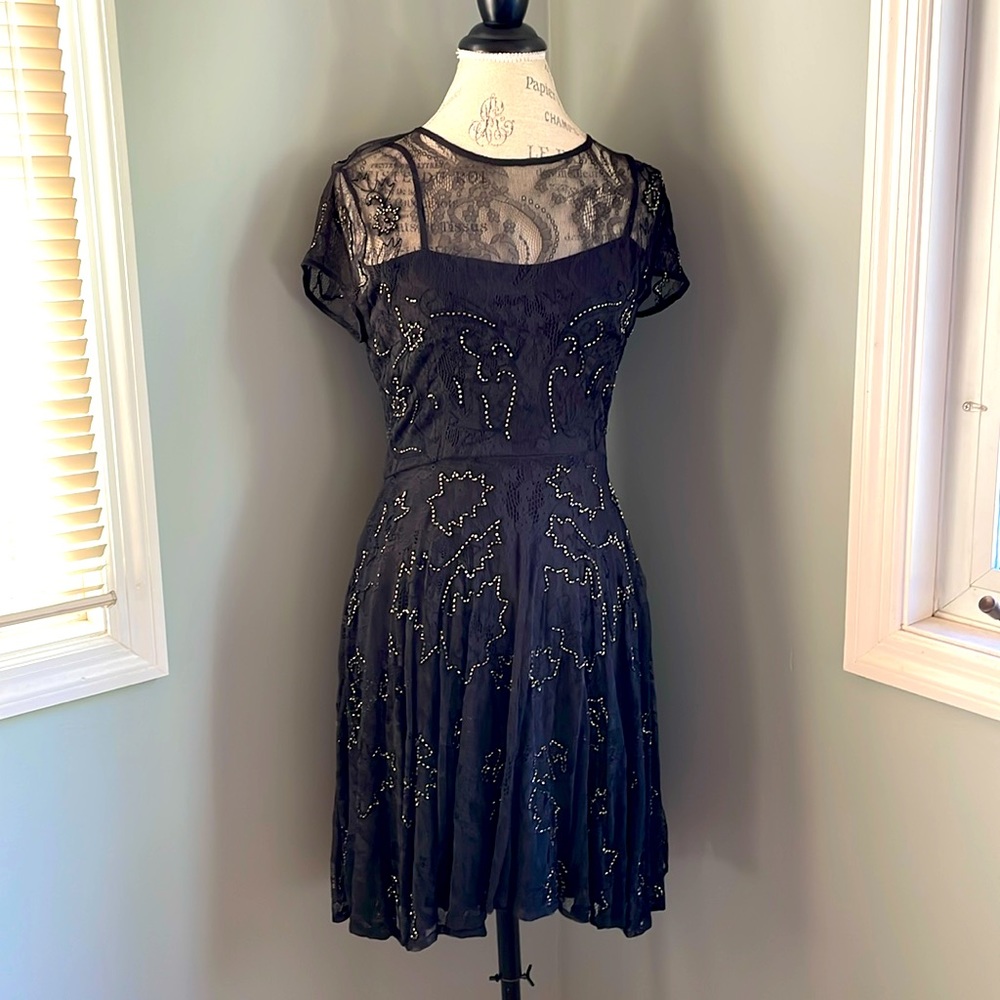Chan Luu black lace beaded fit & flare dress EUC size small